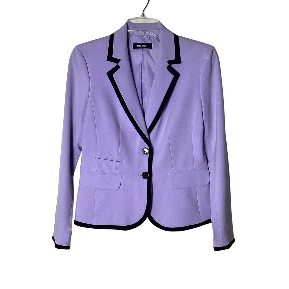 Nine West Tailored Women Size 8 Blazer Jacket Lavender Black Trim Classic Preppy